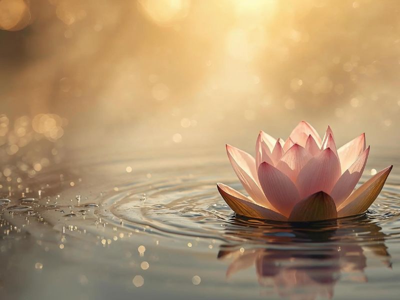 Eine sanft schwimmende Lotusblüte im goldenen Licht als Symbol für die entfaltende Kraft von Hypnose für Kinder.