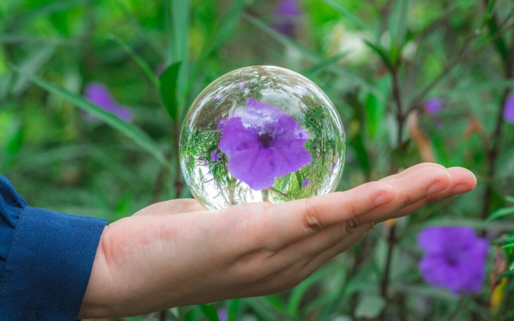 Eine Hand hält eine Glaskugel mit einer Blume darin als Symbol für den Perspektivwechsel bei einer Hypnosebehandlung Rudolstadt.