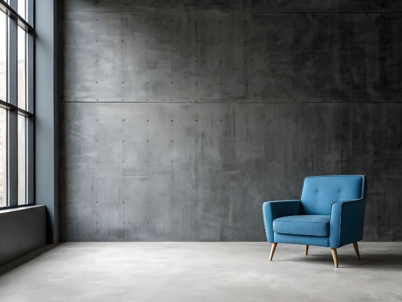 Selbsthypnose lernen Rudolstadt: Ein moderner blauer Sessel vor einer minimalistischen Betonwand in einem hellen Praxisraum als Ort für Fokus und mentale Entspannung.