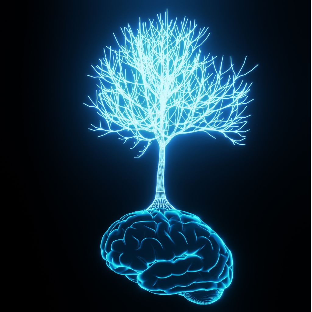 Ein blau leuchtendes Gehirn, aus dem ein Baum wächst, als Symbol für das Überbewusstsein beim Simpson Protocol Rudolstadt.